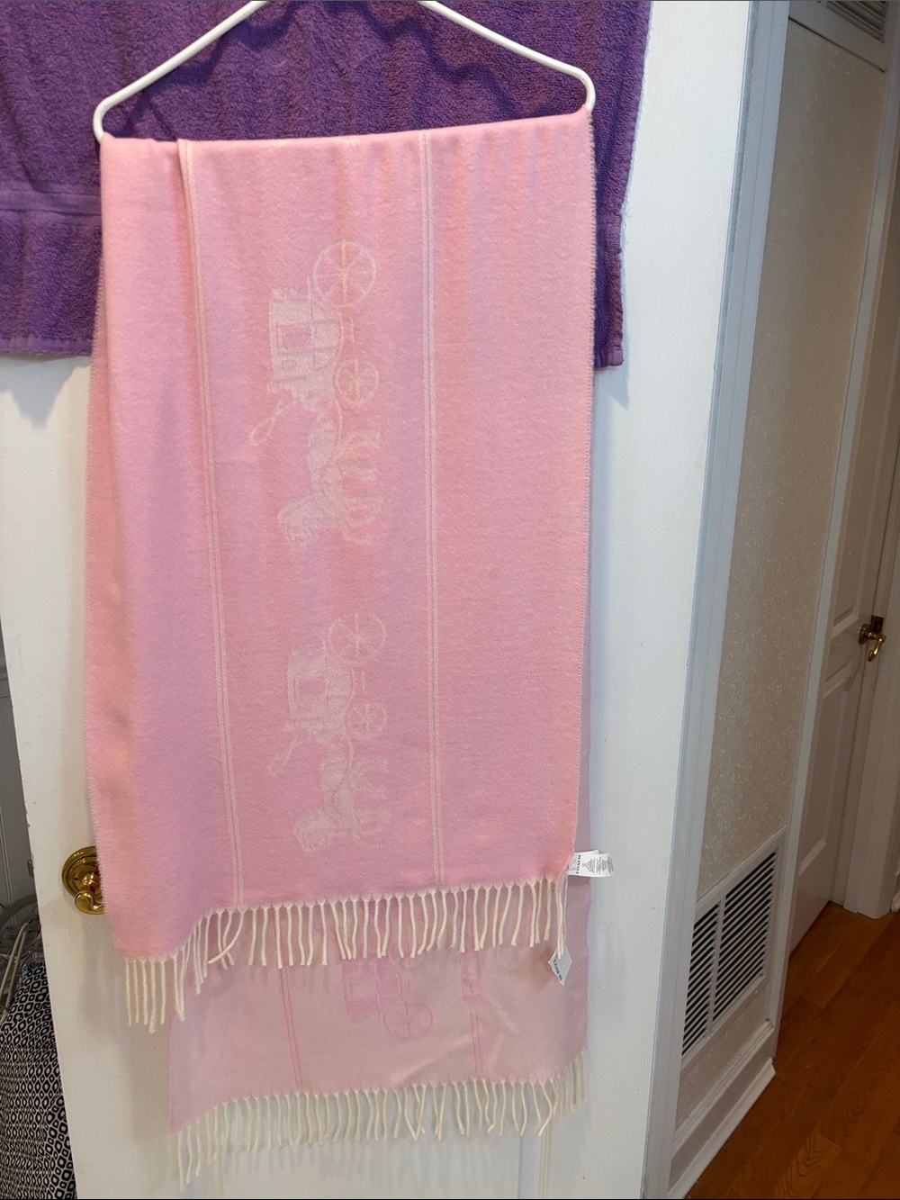 NWT Coach Pink Carriage Fringe Wrap Scarf Wool/ Cashmere Reversible